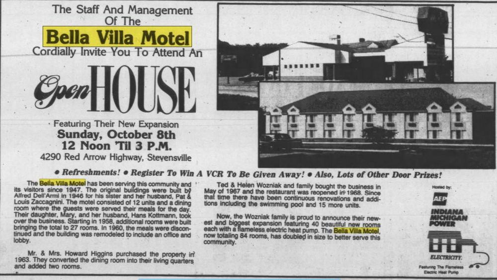 Bella-Villa Motel and Restaurant (Bella Villa Motel, Super 8 by Wyndham, Park Inn) - Oct 1989 Ad (newer photo)